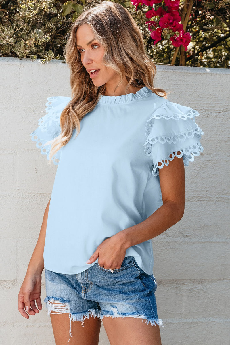 Bailey Ruffled Eyelet Round Neck Cap Sleeve Blouse