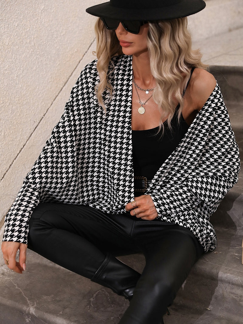 Brianna Houndstooth Open Front Batwing Sleeve Cardigan