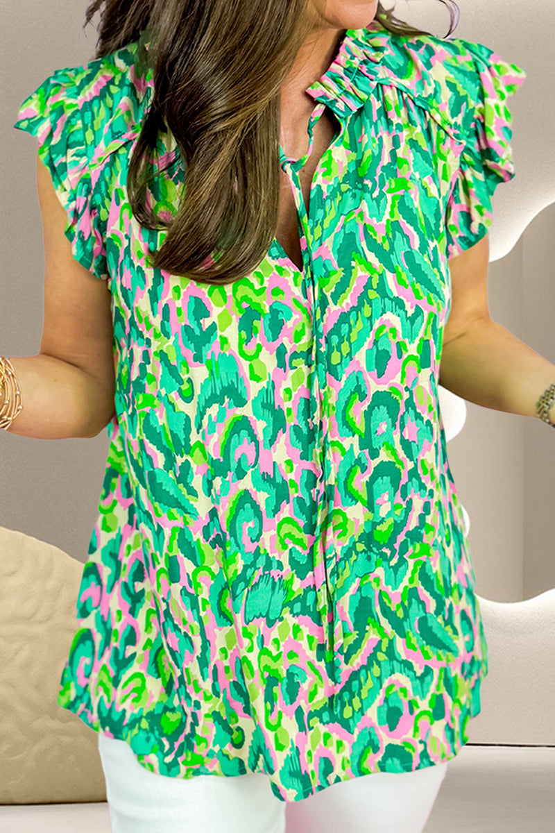 Serene Ruffled Printed Tie Neck Cap Sleeve Blouse