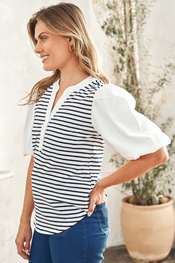 Lizzie Striped Contrast Puff Sleeve Top