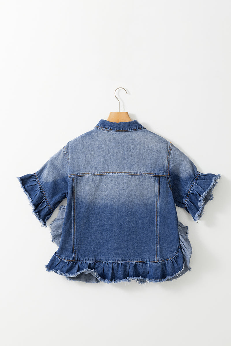 Kelise Ruffled Raw Hem Half Sleeve Denim Top