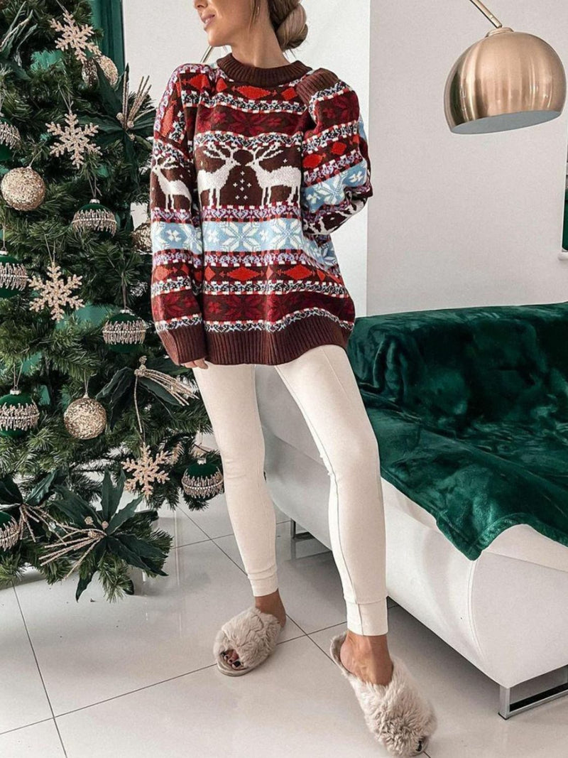 Christmas Geometric Round Neck Dropped Shoulder Sweater