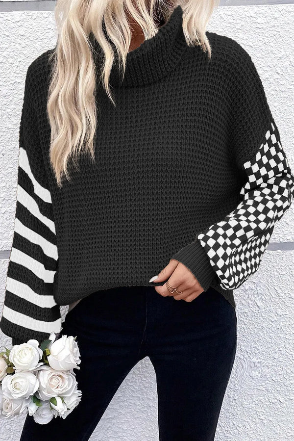 Tatum Checkered Striped Turtleneck Long Sleeve Sweater