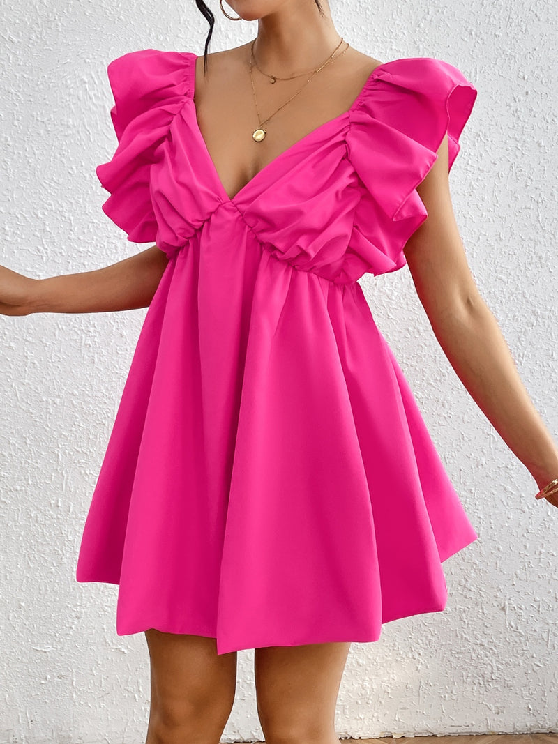 Nikkie Ruffled V-Neck Cap Sleeve Mini Dress