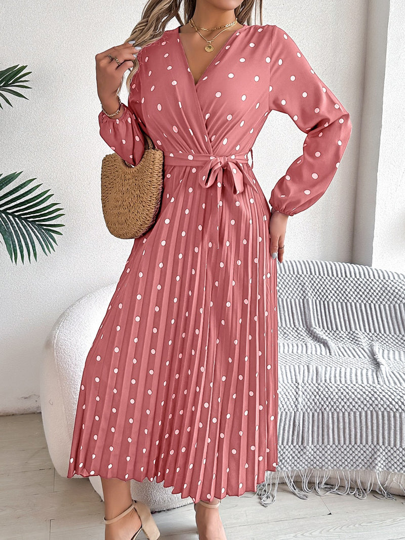 Carrie Tied Polka Dot Long Sleeve Midi Dress