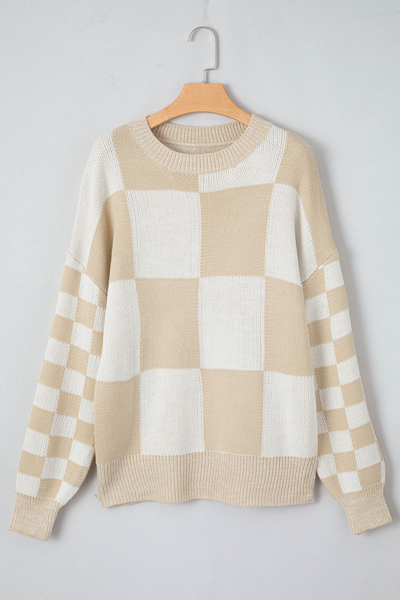 Amber Checkered Round Neck Drop Shoulder Sweater