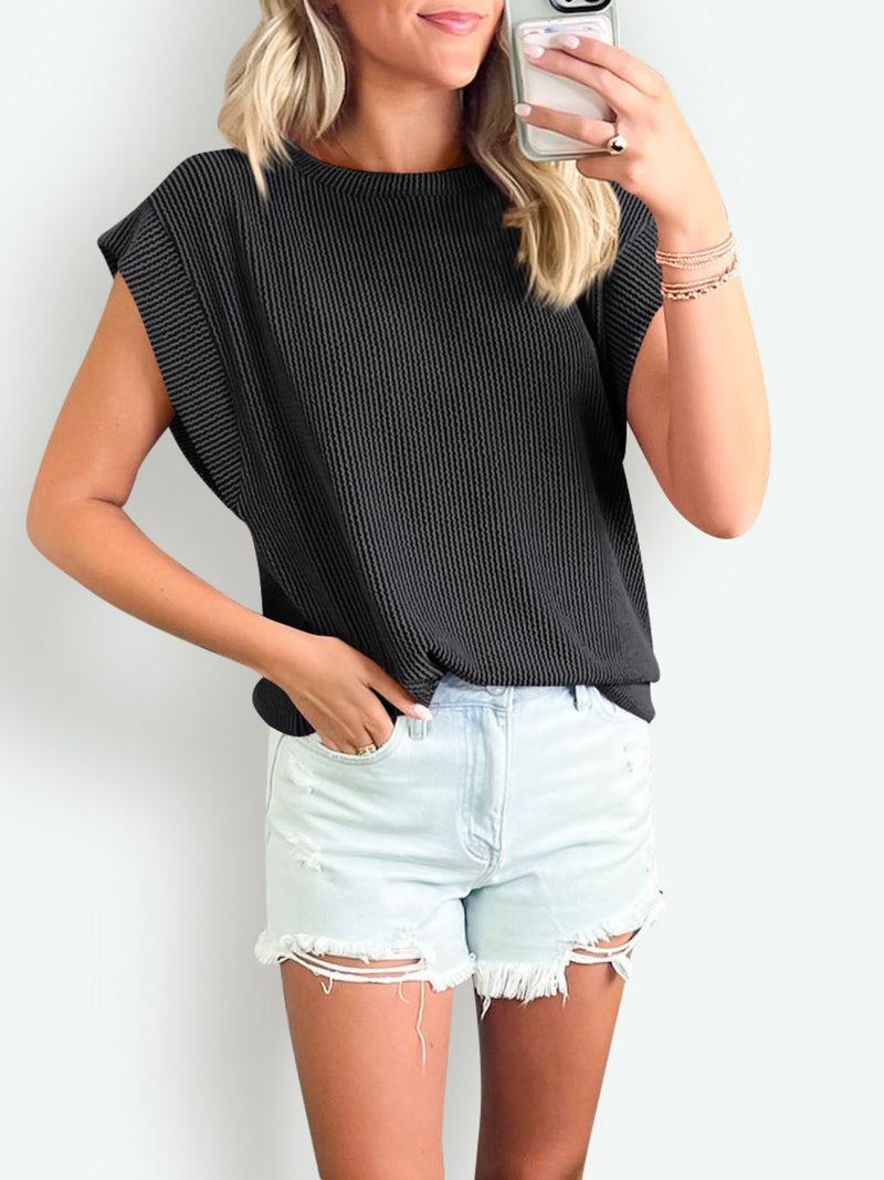 Lynn Textured Round Neck Cap Sleeve Blouse