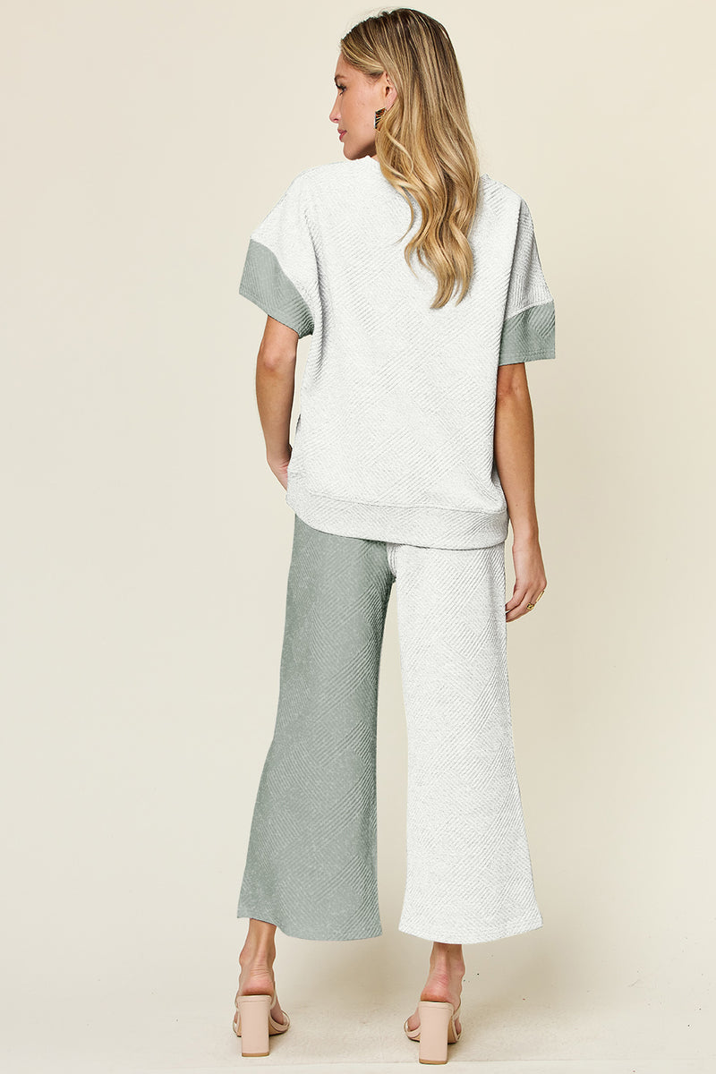 Avis Double Take Full Size Texture Contrast T-Shirt and Wide Leg Pants Set