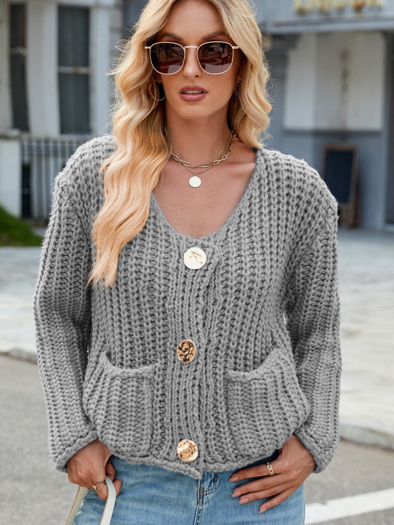 Katie Round Neck Button Up Cardigan with Pockets