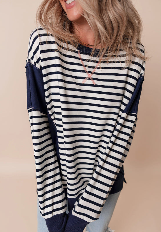 Melissa Exposed Seam Striped Long Sleeve Sweatshirt