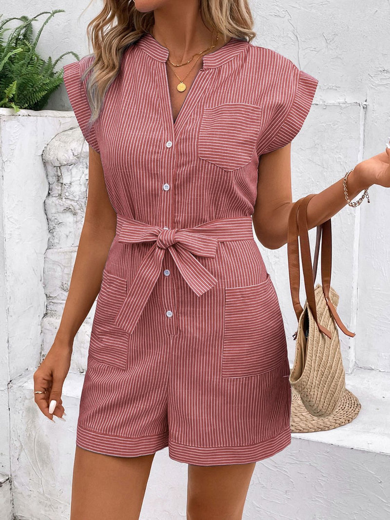 Alora Striped Notched Tie Waist Romper