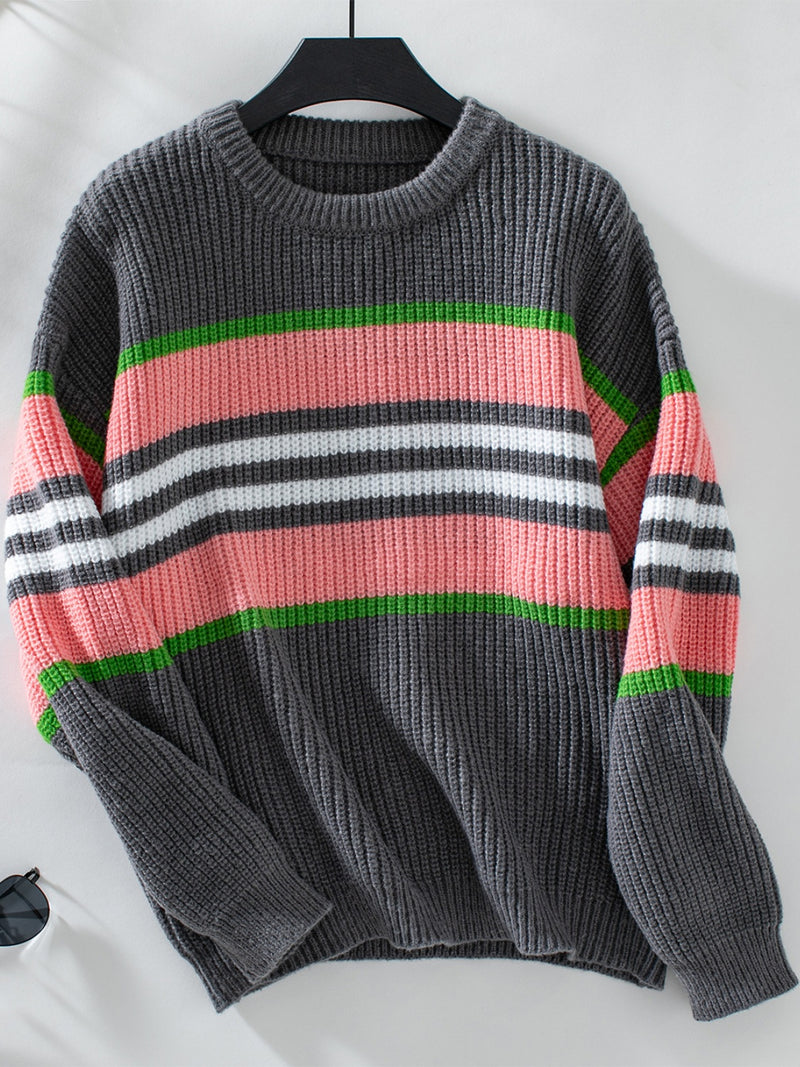 Conra Contrast Stripes Round Neck Long Sleeve Sweater