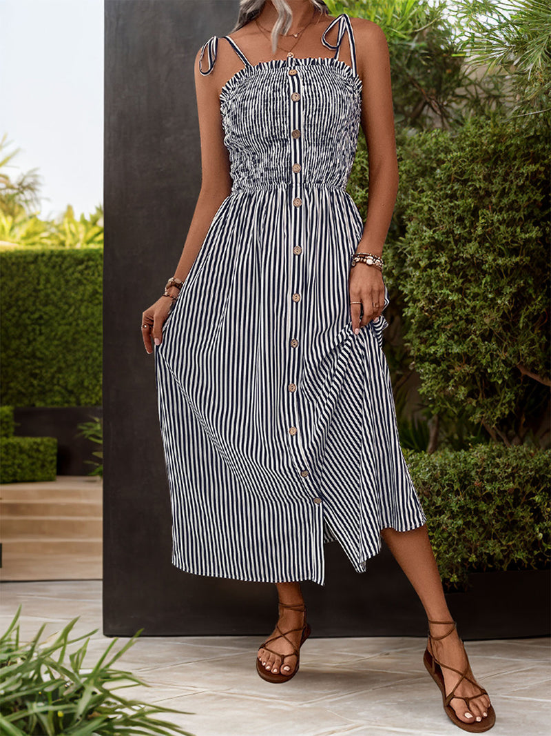 Nevaeh Tied Smocked Striped Sleeveless Midi Dress