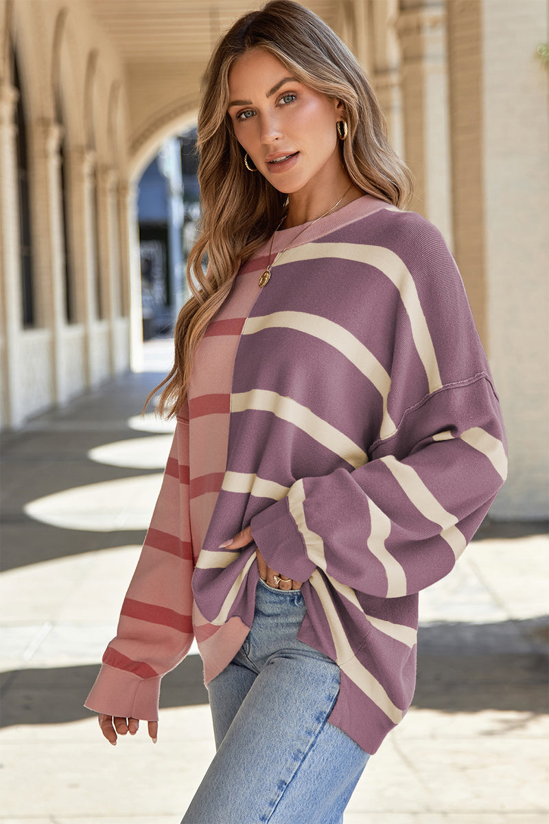 Jill Striped Round Neck Long Sleeve Knit Top