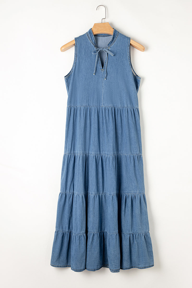 Meadow Tie Neck Sleeveless Denim Dress