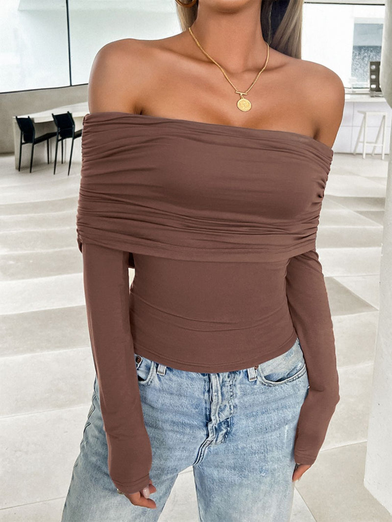 Jessica Ruched Off-Shoulder Long Sleeve T-Shirt