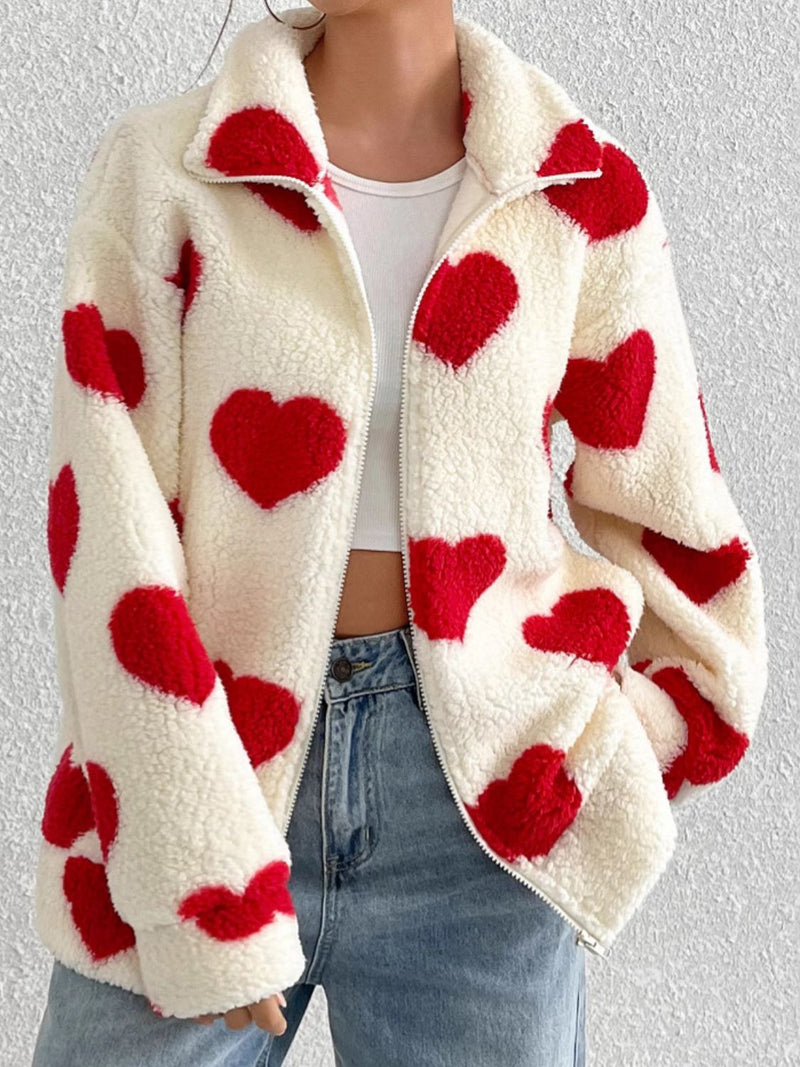 Hartley Heart Zip Up Drop Shoulder Furry Jacket