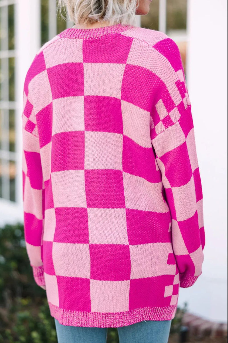 Hannah Checkered Open Front Long Sleeve Cardigan