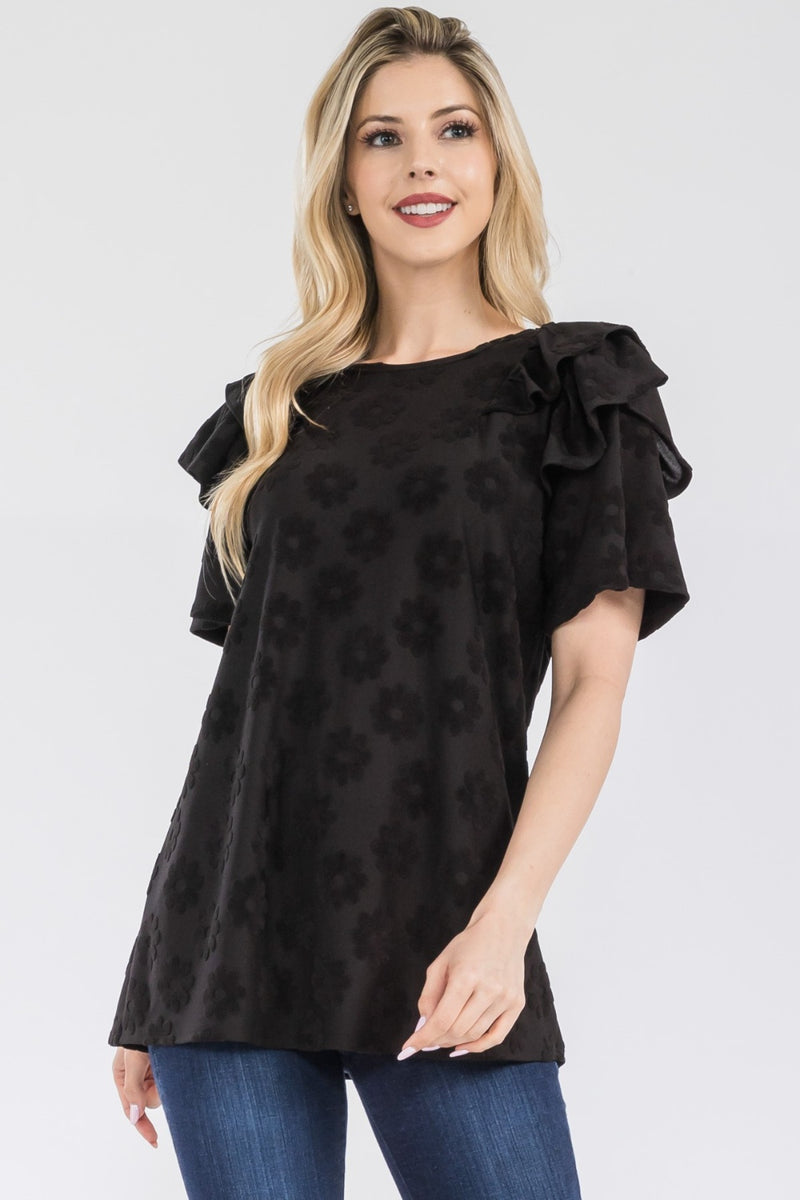 Tatum Full Size Ruffle Layered Short Sleeve Daisy Floral Top