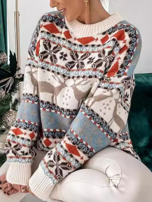 Christmas Geometric Round Neck Dropped Shoulder Sweater