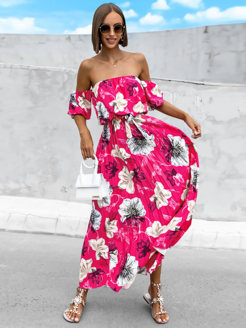 Dayna Pleated Floral Off-Shoulder Short Sleeve Midi Dress