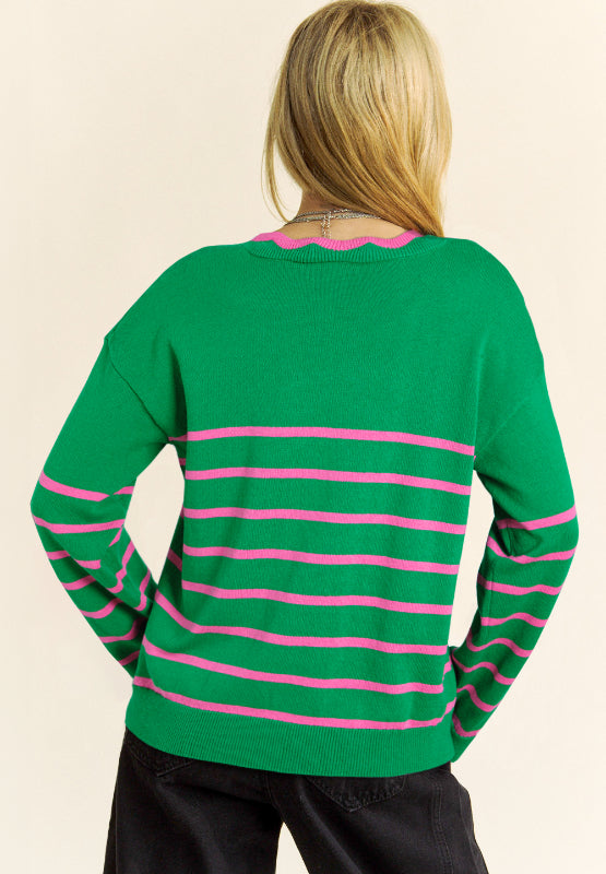 Clara Bow Striped V-Neck Long Sleeve Cardigan