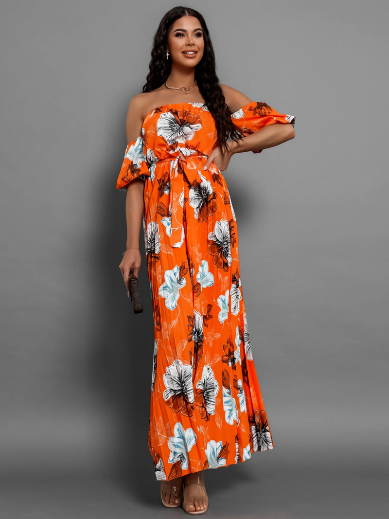 Dayna Pleated Floral Off-Shoulder Short Sleeve Midi Dress