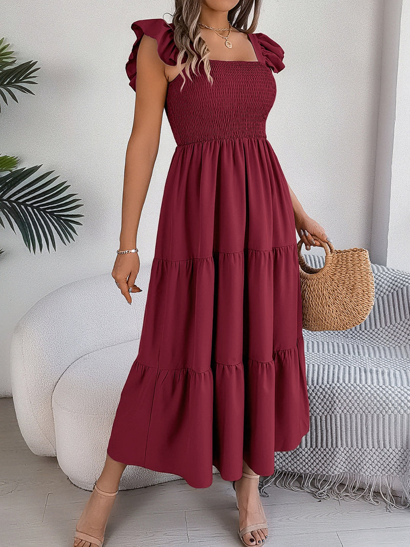 Perry Smocked Square Neck Cap Sleeve Midi Dress