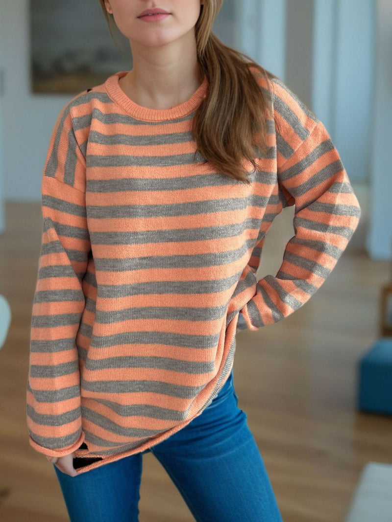 Luna Distressed Striped Round Neck Long Sleeve Sweater