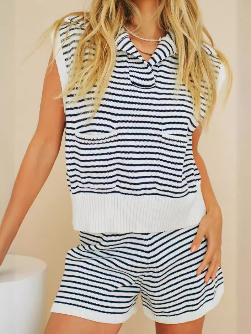 Katrina Striped Cap Sleeve Top and Shorts Sweater Set