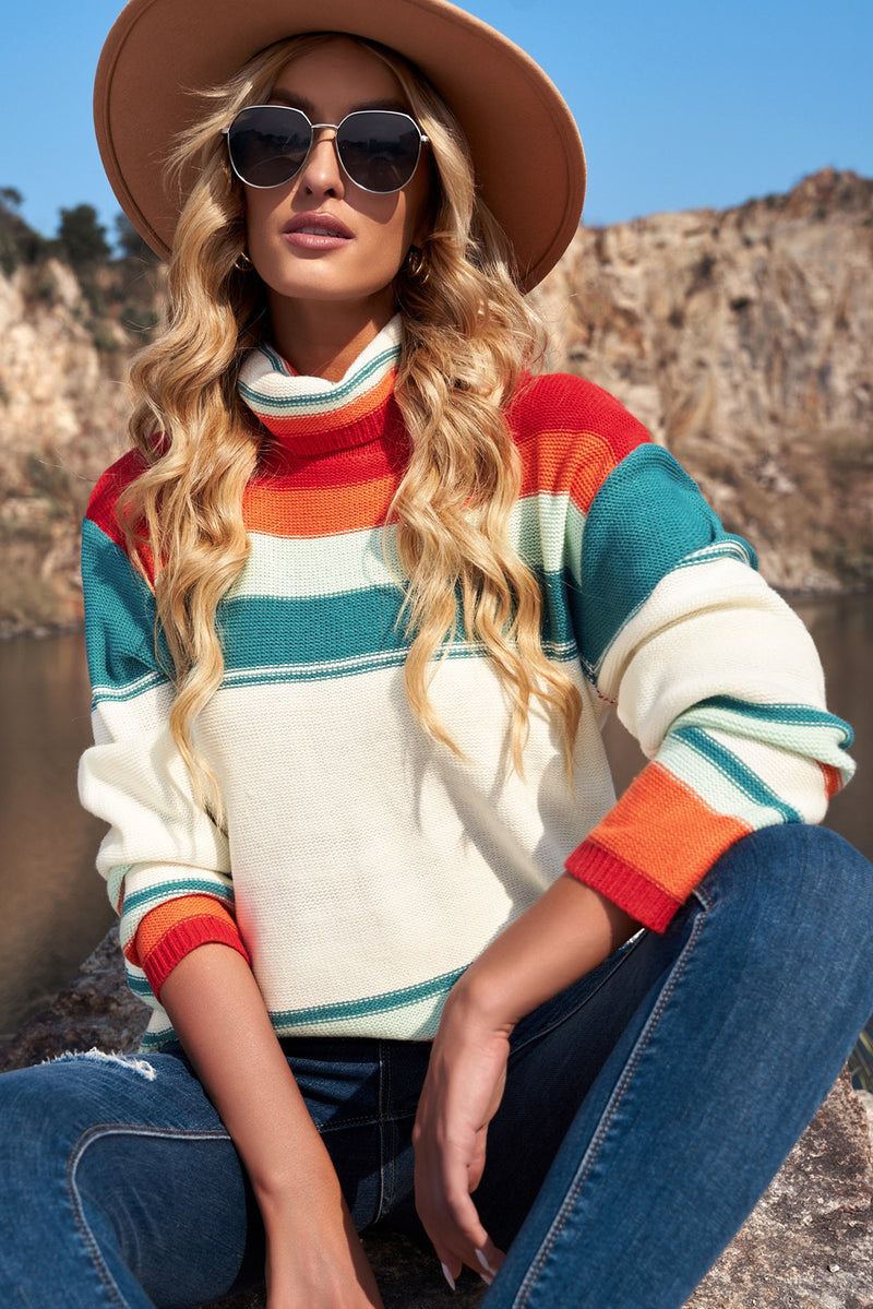 Christine Contrast Striped Turtleneck Dropped Shoulder Sweater