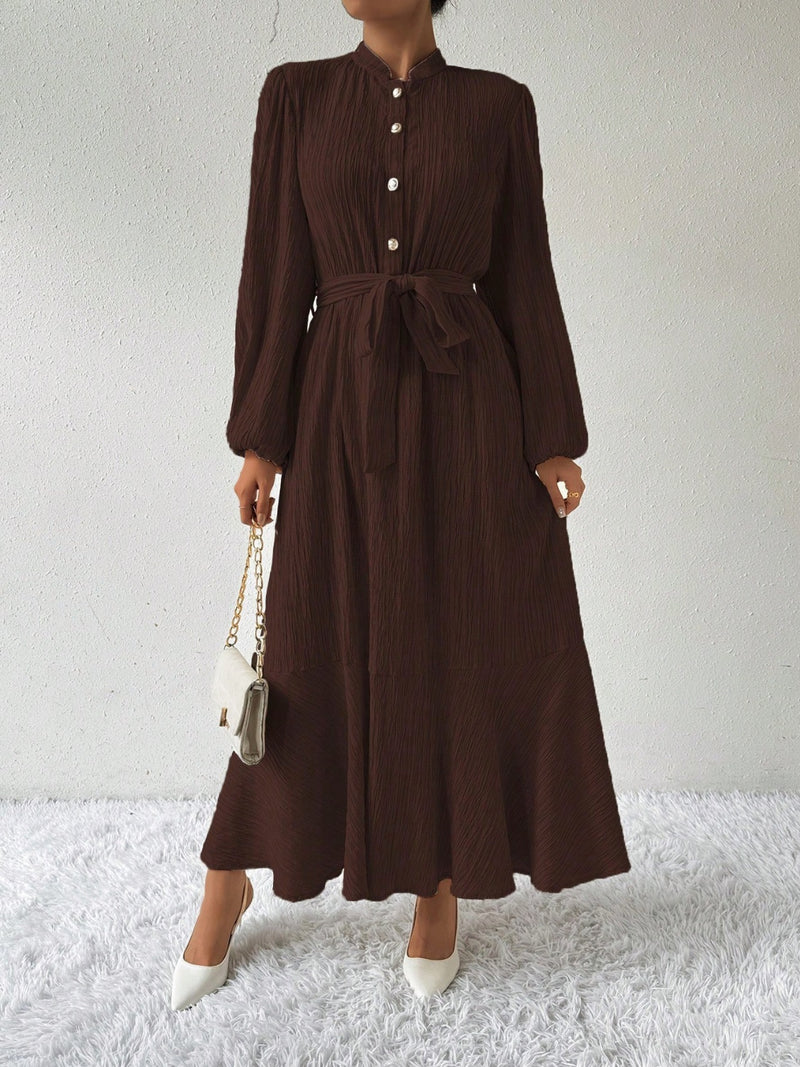 Thea Half Button Tie Waist Long Sleeve Maxi Dress