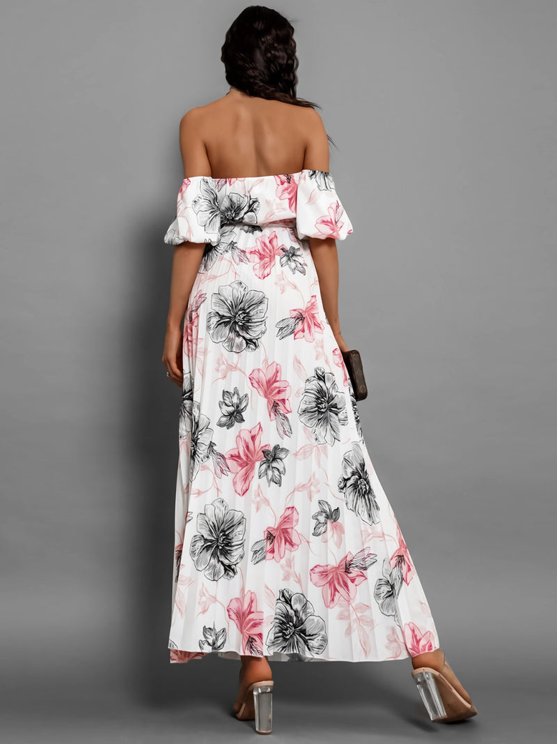 Dayna Pleated Floral Off-Shoulder Short Sleeve Midi Dress