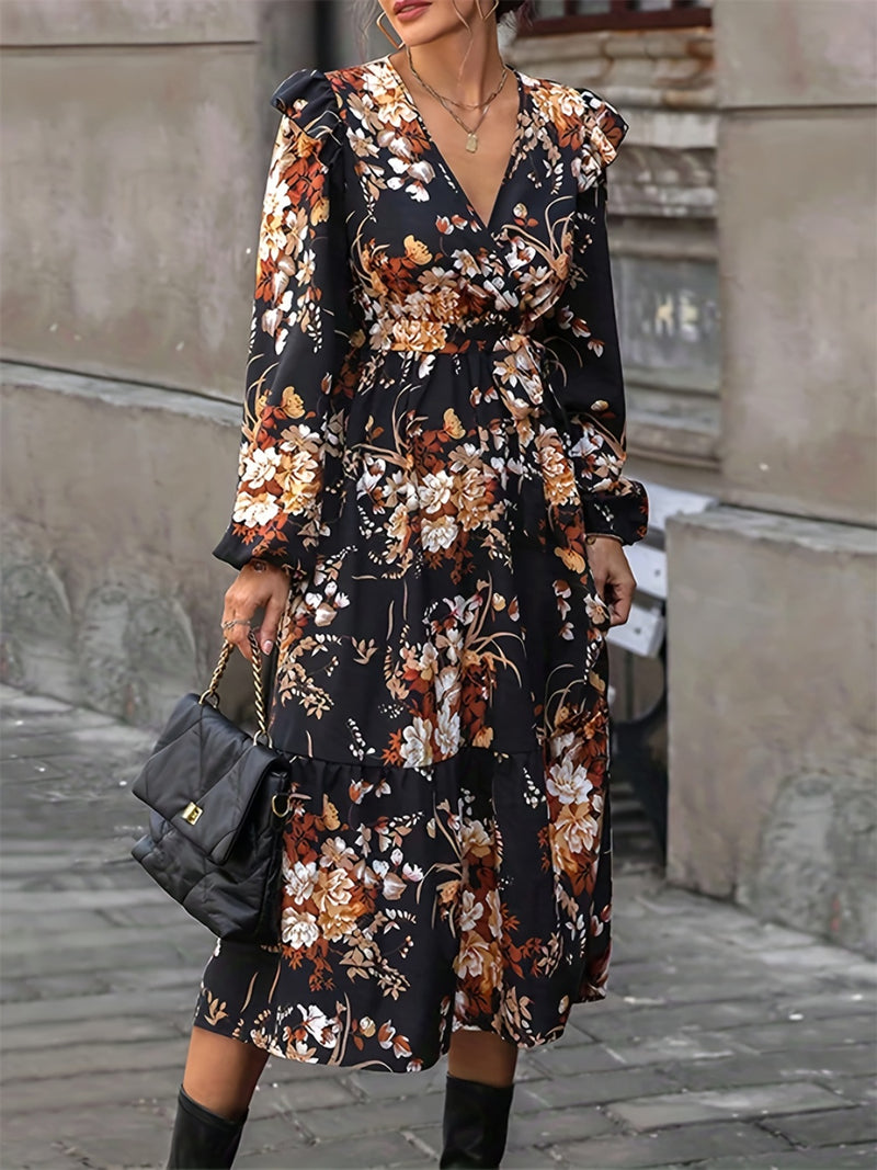 Sofia Ruffled Printed Surplice Long Sleeve Midi Dress