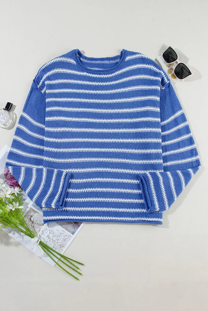 Brianna Striped Round Neck Dropped Shoulder Sweater