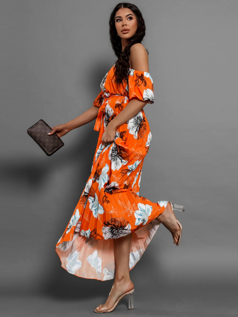 Dayna Pleated Floral Off-Shoulder Short Sleeve Midi Dress