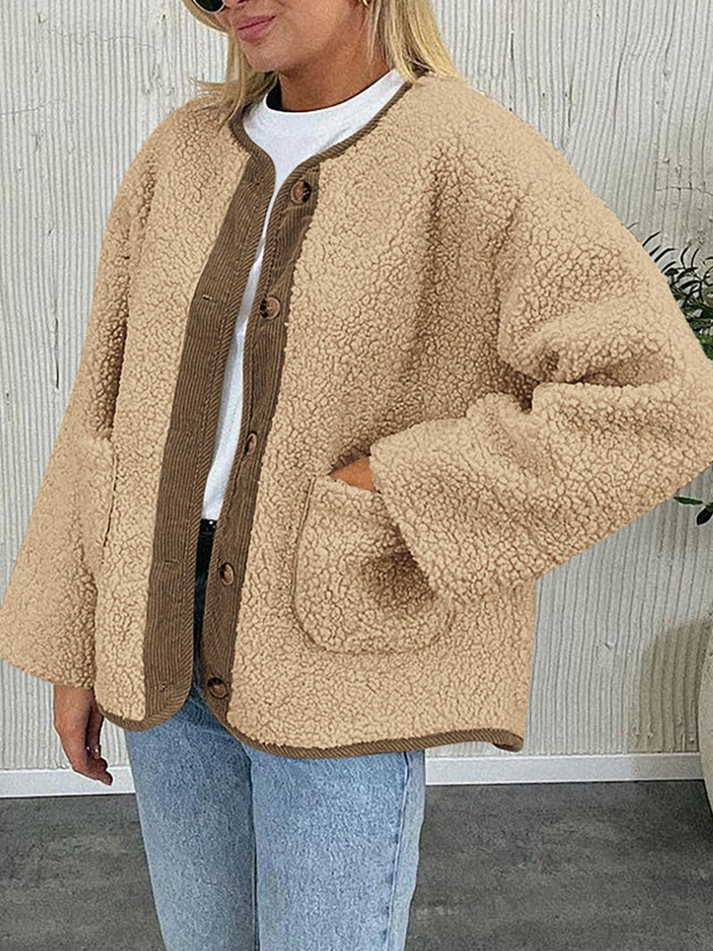 Riley Contrast Button Up Sherpa Jacket with Pockets