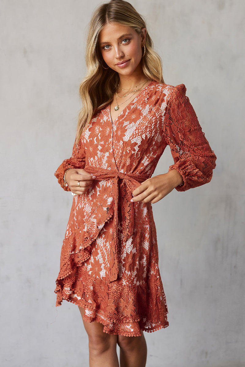 Valentina Pompom Trim Puff Sleeve Belted Lace Dress