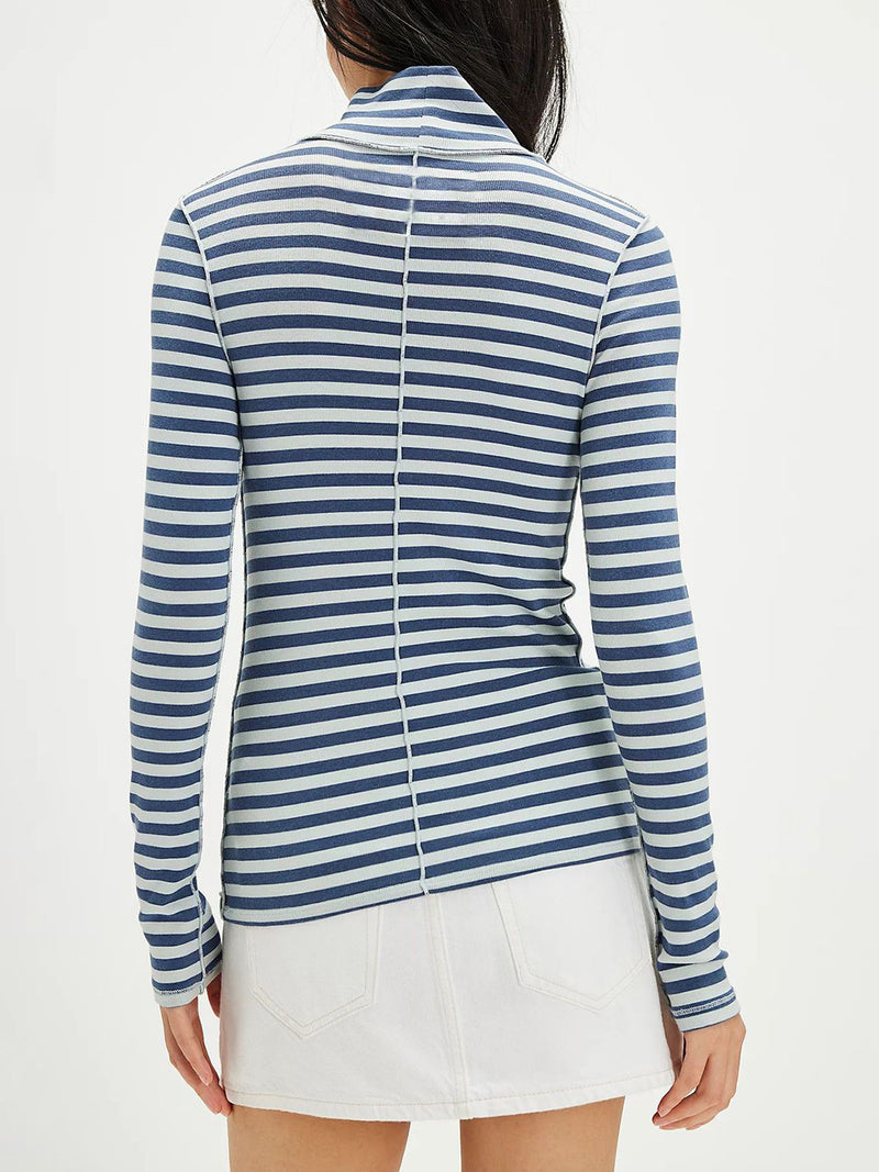 Exposed Seam Striped Turtleneck Long Sleeve T-Shirt