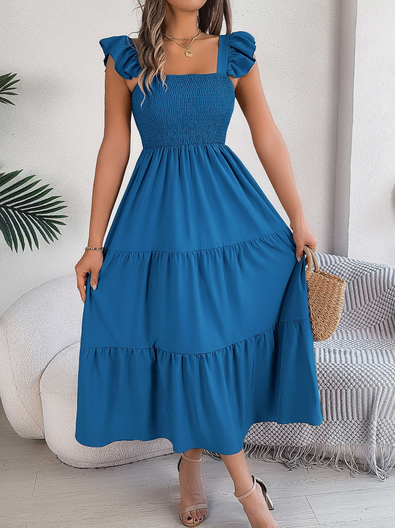 Perry Smocked Square Neck Cap Sleeve Midi Dress