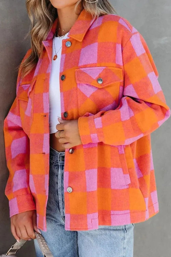 Hilary Color Block Plaid Button Up Long Sleeve Jacket