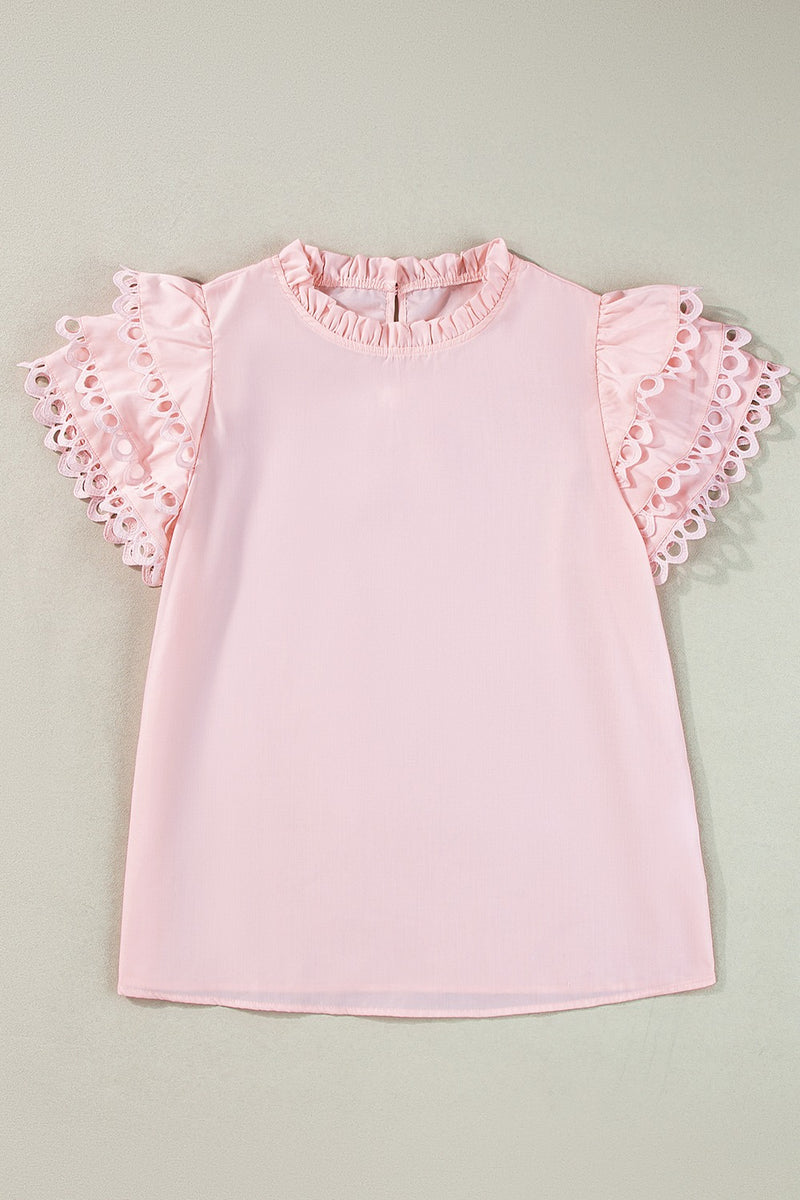 Bailey Ruffled Eyelet Round Neck Cap Sleeve Blouse