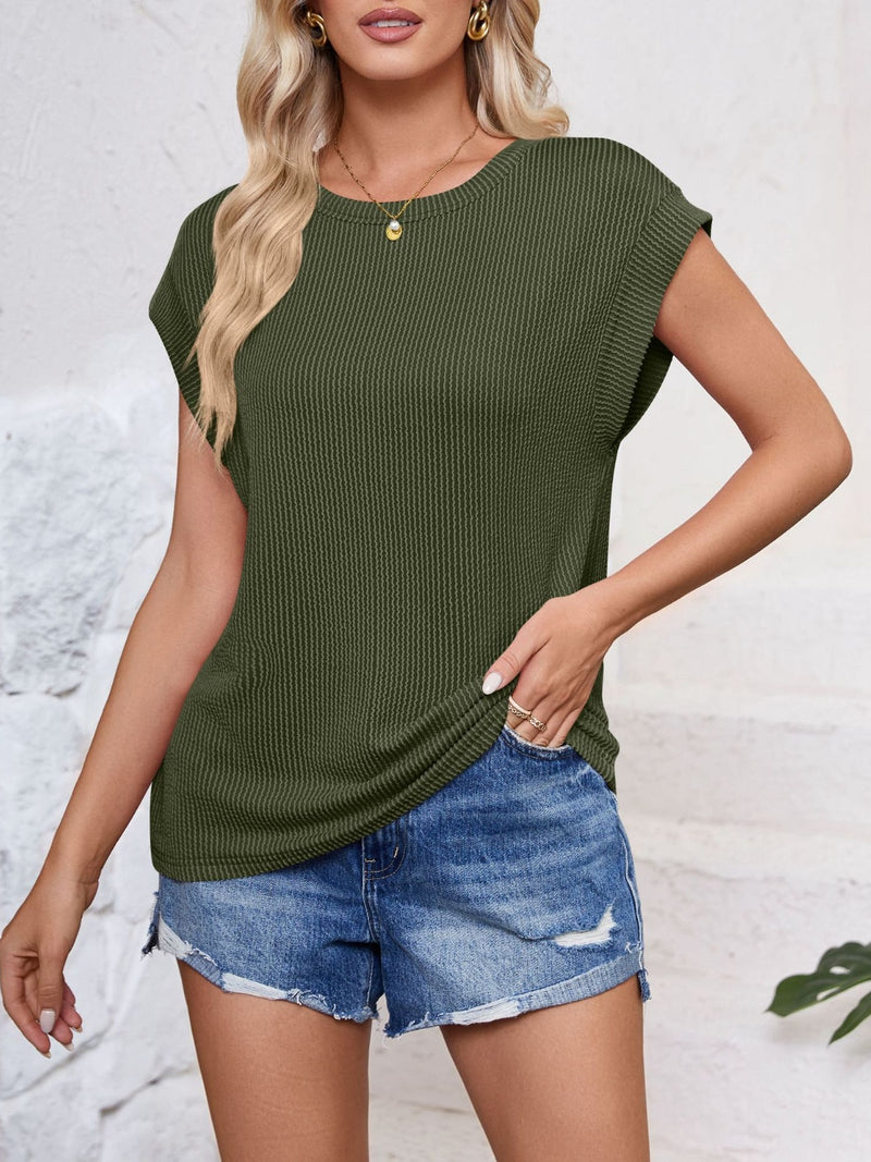 Lynn Textured Round Neck Cap Sleeve Blouse