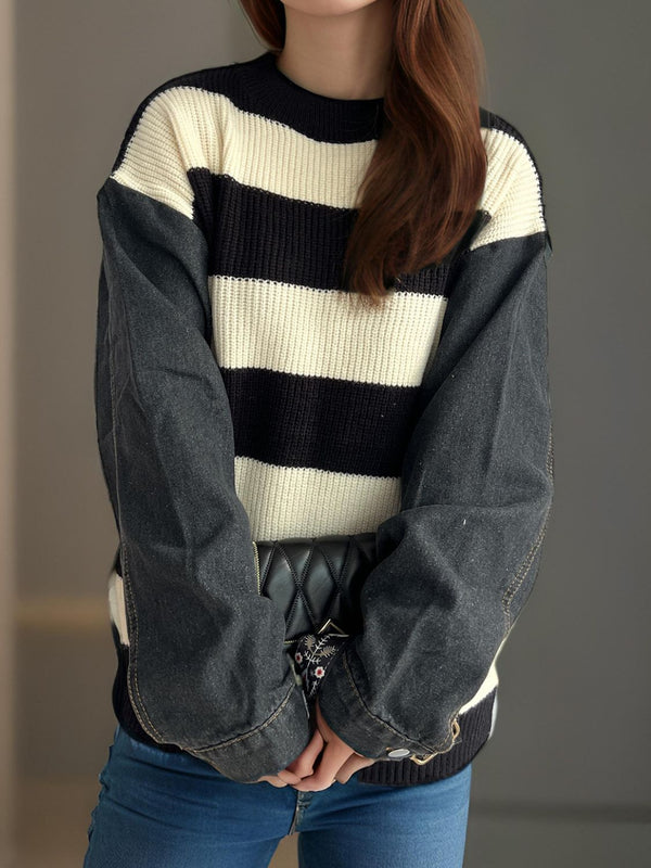 Ava Contrast Round Neck Long Sleeve Sweater