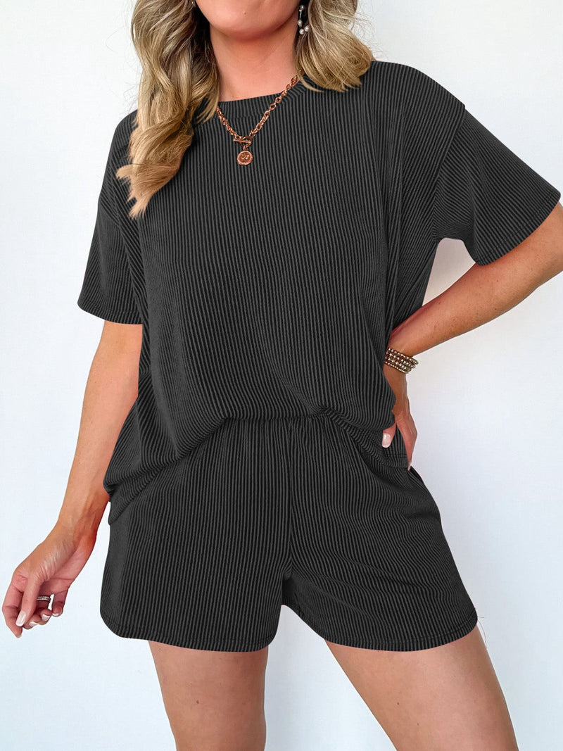 Alisson Textured Round Neck Short Sleeve Top and Shorts Set