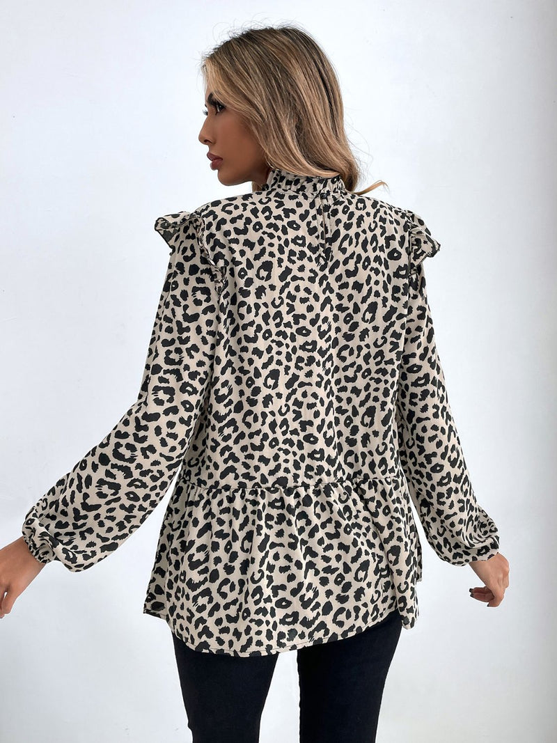 Marie Ruffled Leopard Mock Neck Long Sleeve Blouse