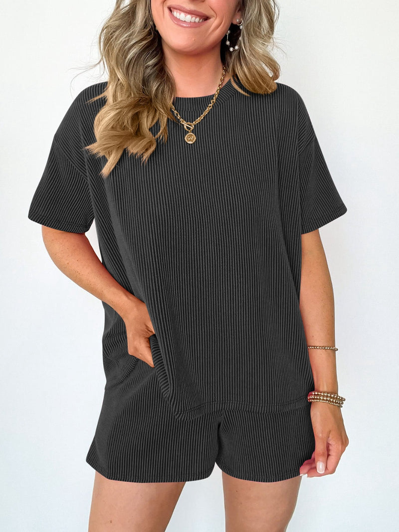 Alisson Textured Round Neck Short Sleeve Top and Shorts Set