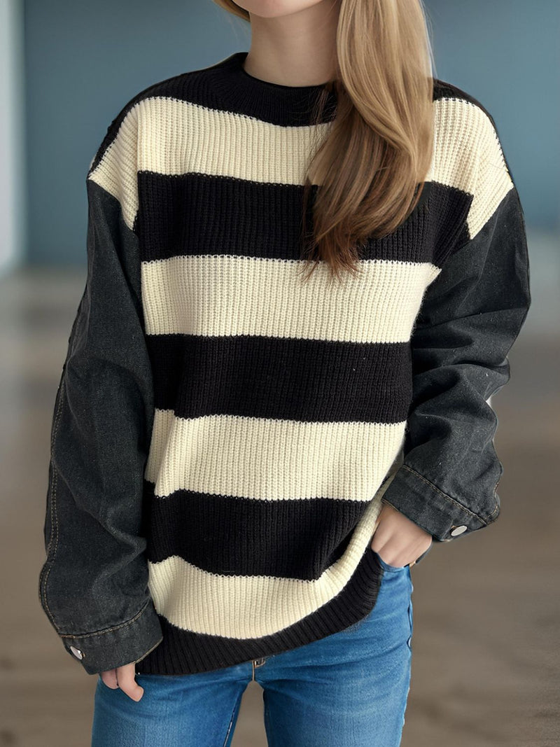 Ava Contrast Round Neck Long Sleeve Sweater