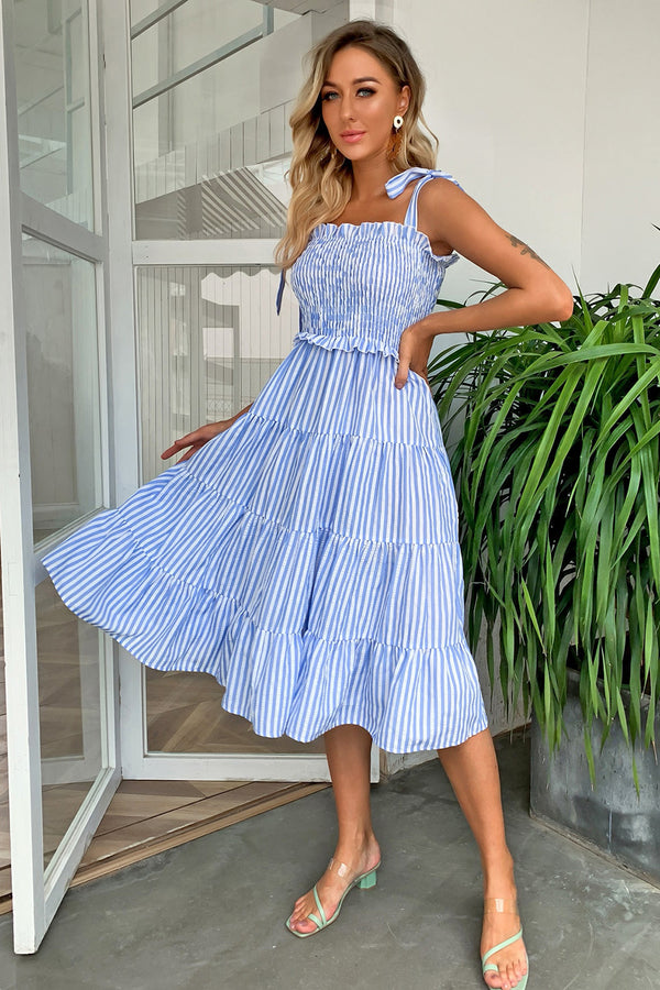 Lulu Striped Tie-Shoulder Tiered Dress