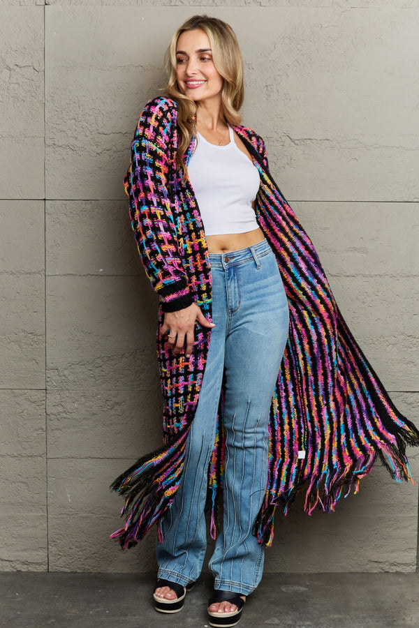 Priyanka Multicolored Open Front Fringe Hem Cardigan